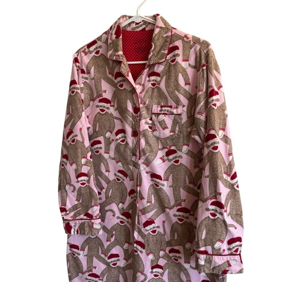 Nick & Nora Flannel Christmas Sock Monkey Sleep Shirt Nightgown, Size M - Picture 2 of 6
